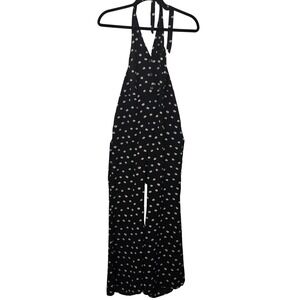 Olivaceous Womens Jumpsuit Small Black Daisy Floral Halter Wide Leg Flare Zip